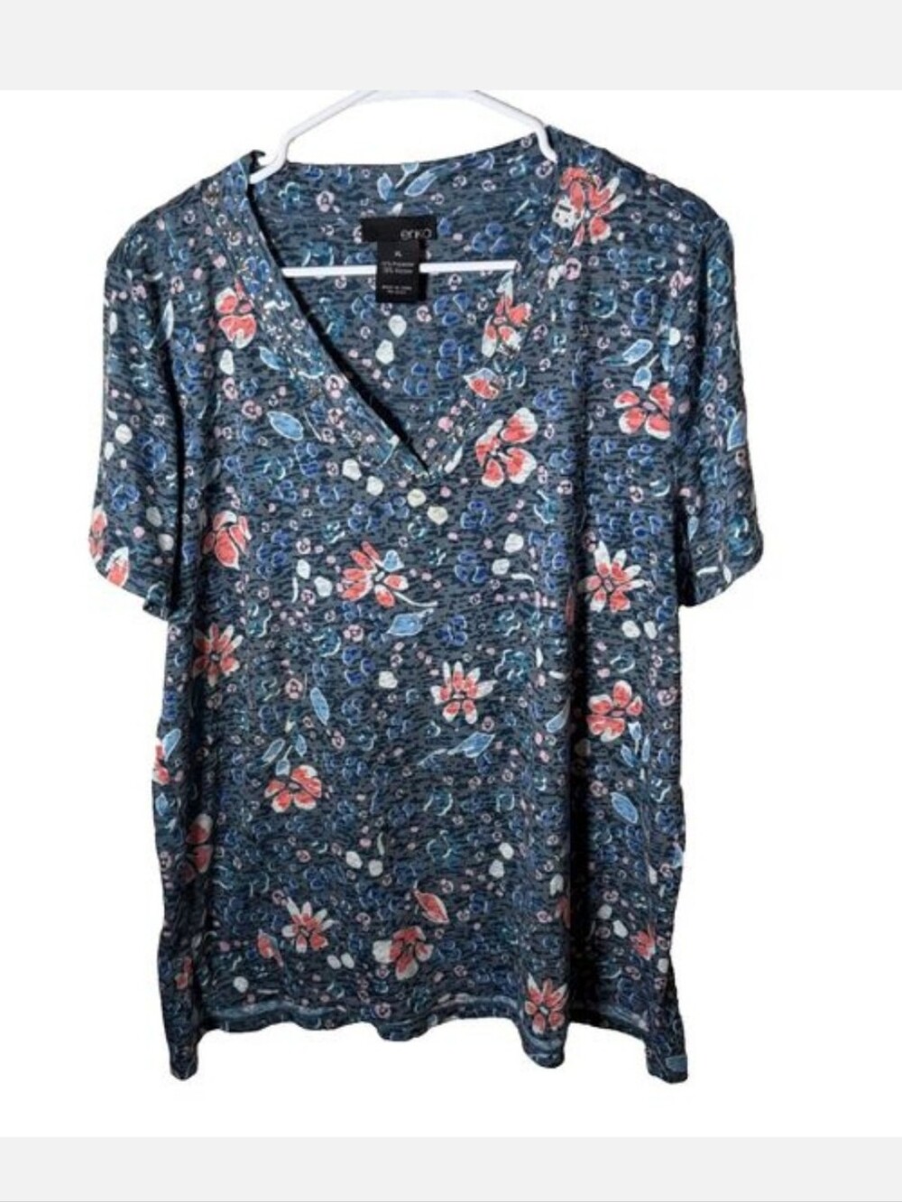 Erika V-Neck Embellished Floral Short Sleeve Burnout Printed Top - Size XL